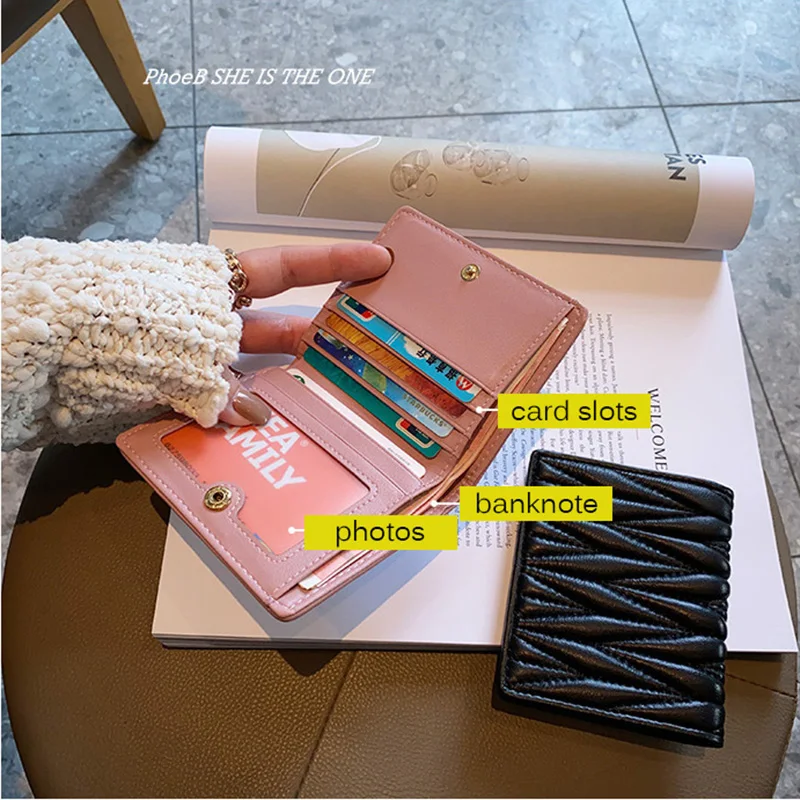 2023 New Genuine Leather Women Wallets Excellent Lambskin Short Wallet Brand Design Quilted Billfold Fashion Pleated Card Holder