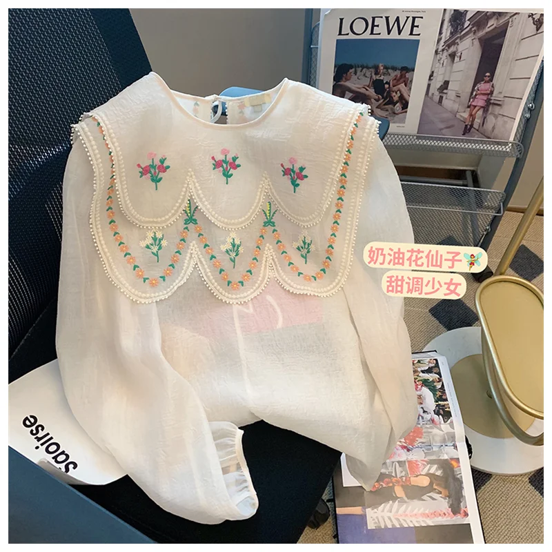 

French Doll Collar Shawl Flower Embroidery Shirt Women 2022 New White Harajuku Round Neck Chic Casual Long Sleeve Shirt Top