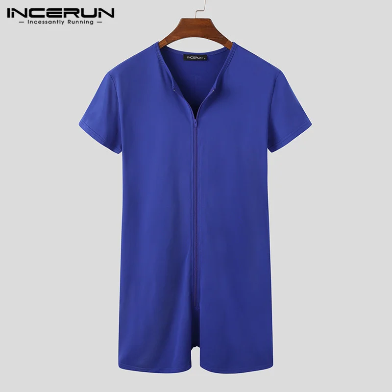 

Men Pajamas Rompers Solid V Neck Zipper Fitness Sort Sleeve Cozy omewear Playsuits Leisure Men Jumpsuit Sleepwear 7