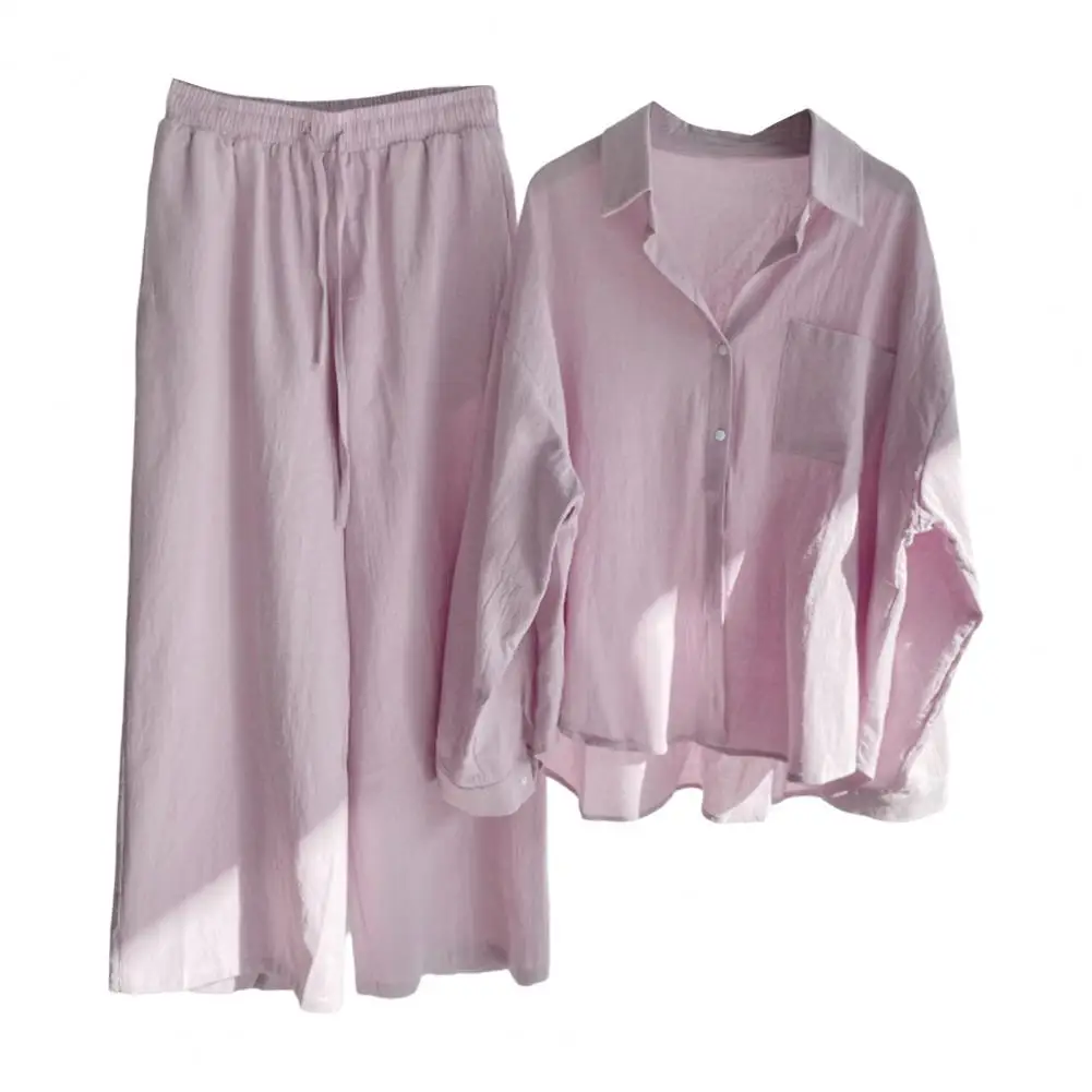 

2 Pcs/Set Women Tops Pants Suit Solid Single-breasted Elastic Waist Wide Leg Blouse Trousers Set Two Piece Set Shorts Sets