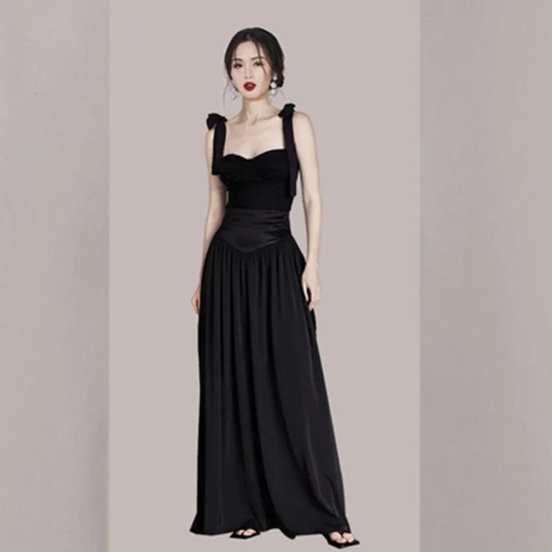 

DALMAZZO Luxury Designer Summer Women's Suits Black Spaghetti Strap Slim Tops + High Waist Long Skirt 2 Pieces Sets Clothes