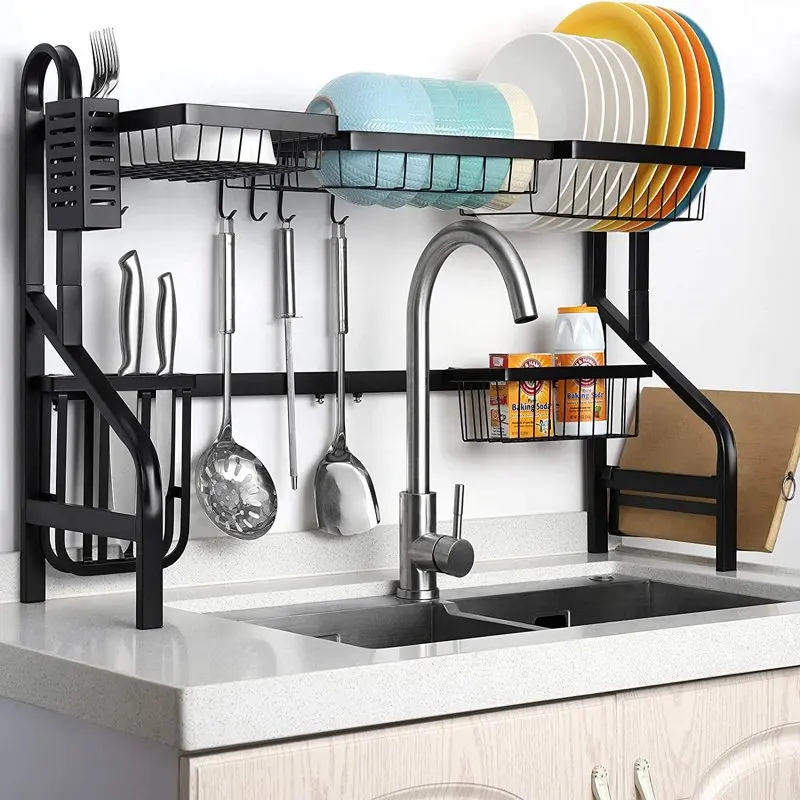 

2 Tier Over The Sink Dish Rack with 5 Utility Hooks in Black