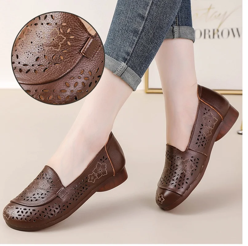Red flats shoes women's summer cutout loafers woman slip on ballet flats breathable shoes driving moccasins mom flat walk shoes