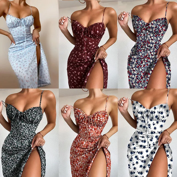 

Summer Women Dresses 2022 Fashion New Vintage Floral Fold Lace Up Split Sexy Suspender Sleeveless Dress Woman