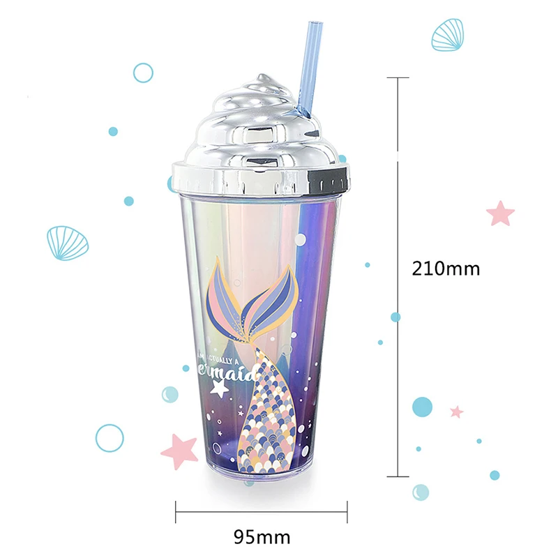 

420ml Water Cup with Straw Double Wall Heat Insulated BPA Free Leak-proof Drinkware Plastic Mermaid Pattern Sippy Cup