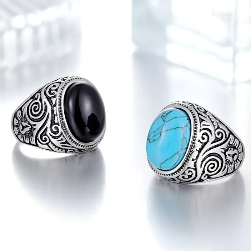 

New Personalized Jewelry Vintage Antique Silver Turquoises Ring for Men Blue Stone Tibet Women Finger Ring