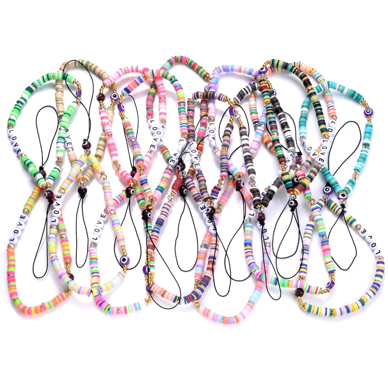 New Mobile Phone Jewelry Acrylic Letter Clay Polymer Spacer Beaded Mobile Phone Chain for Lady Girl Anti-Lost Lanyard Jewelry