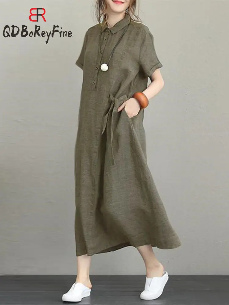 

Summer Dress Women Cotton Linen Vintage Casual Loose Oversie Lapel Short-sleeved Dress New In Mid-length Long Dress for Women