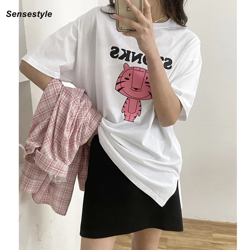 

2022 Spring Summer Women Cotton T-shirt Pink Little Tiger Print Short Sleeve Loose Casual T Shirt Tops 100% Cotton