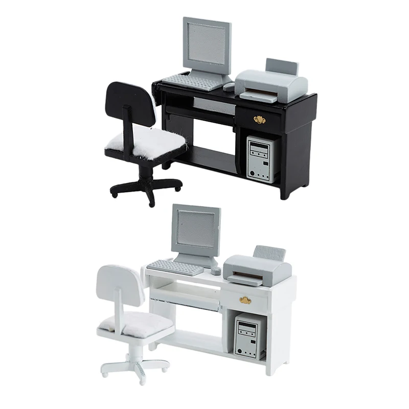 

NEW-1/12 Dollhouse Miniature Computer Desk With Keyboard Mouse Host Printer Wooden Dollhouse Furniture Decorate