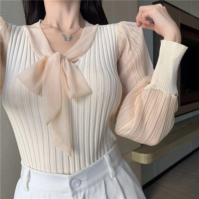 

Korean Chic Bow V-Neck Women Sweater Elegant Slim Fit Patchwork Puff Sleeve Knit Pullover Elastic Ribbed Knitwear Woman