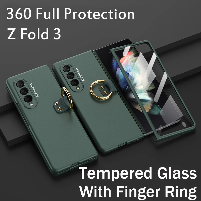With Key Ring Shockproof Armor Hinge Case For Samsung Galaxy Z Fold 5 4 3 360 Full Protection Tempered Glass Matte PC Cover