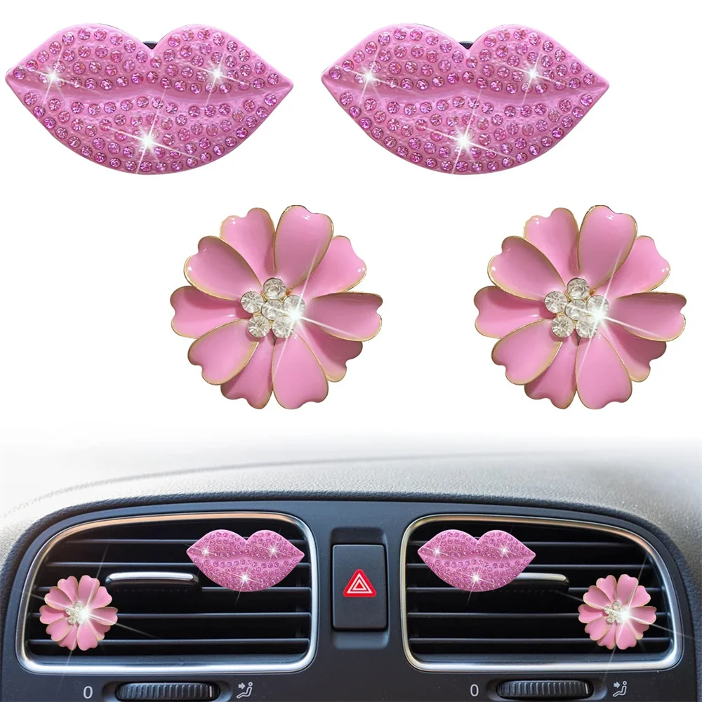 

4 Pieces Bling Crystal Lips Flower Vent Clip Car Air Freshener Perfume Aromatherapy Fragrance Diffuser Automobile Accessories