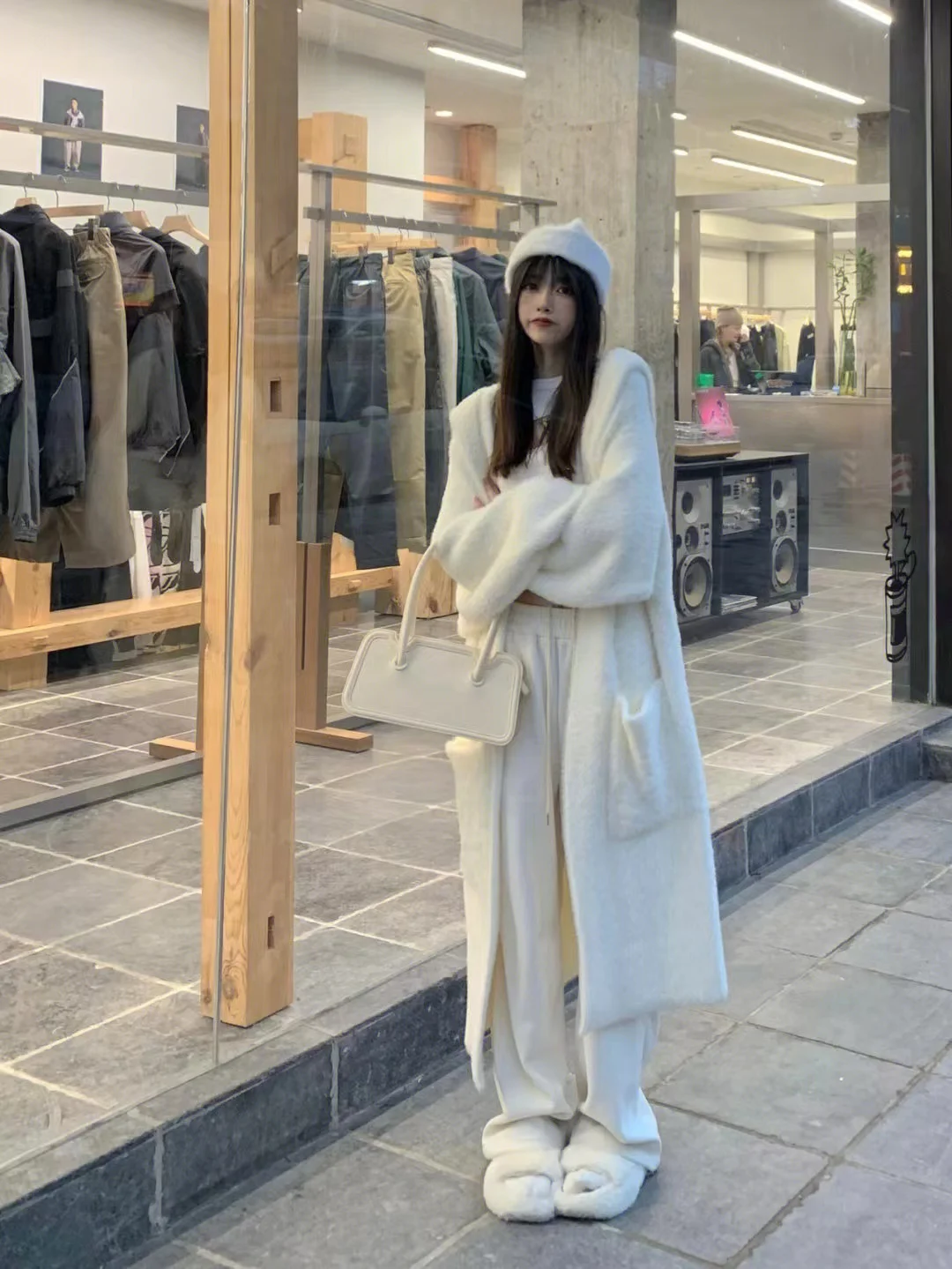 Халат Sle Осень и зима Новый ленивый выше колена Вязаный свитер с капюшоном