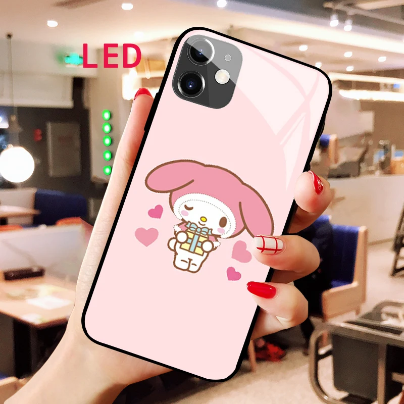 

My Melody Luminous Tempered Glass phone case For samsung note 20 21 22 FE Pro ultre plus Kawaii Fashion LED Backlight cool cover