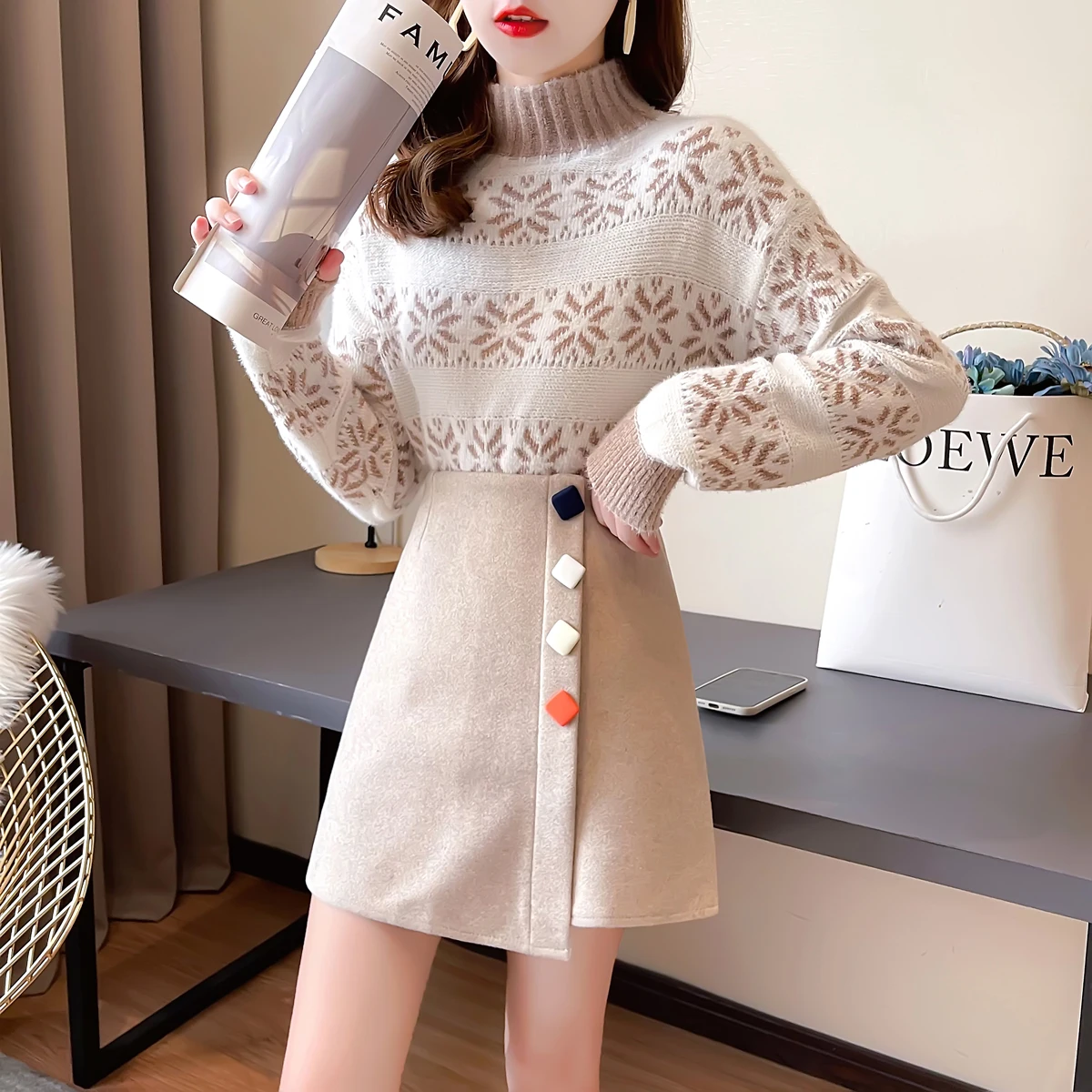 

Women Clothing Two Piece Set Autumn Winter New Arrival Girl's Sweet Long Sleeve Knitting Sweater Tops + Mini Skirt Suits Outfits