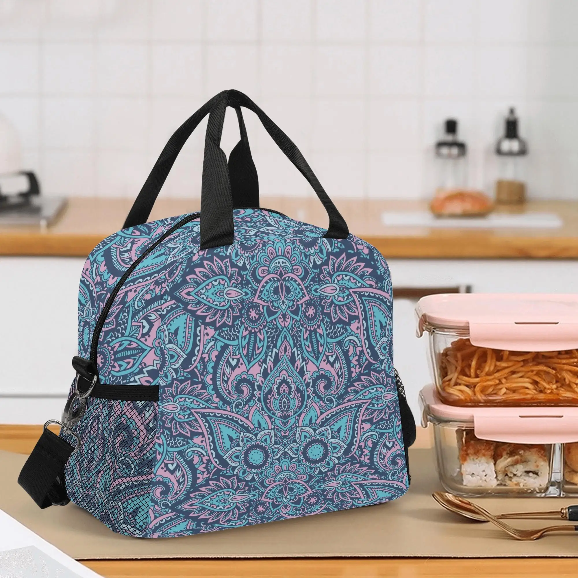 

Geometric Mandala Insulated Polyester Canvas Lunch Box Bags For Women Insulated Shoulder Strap Zipper Closure Bento Bag For Work