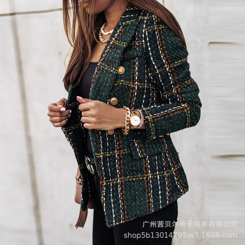 

Blazer Women 2021 Autumn Winter Women's Long-sleeved Small Coat Print Collar Double-breasted Suit Female Clothes