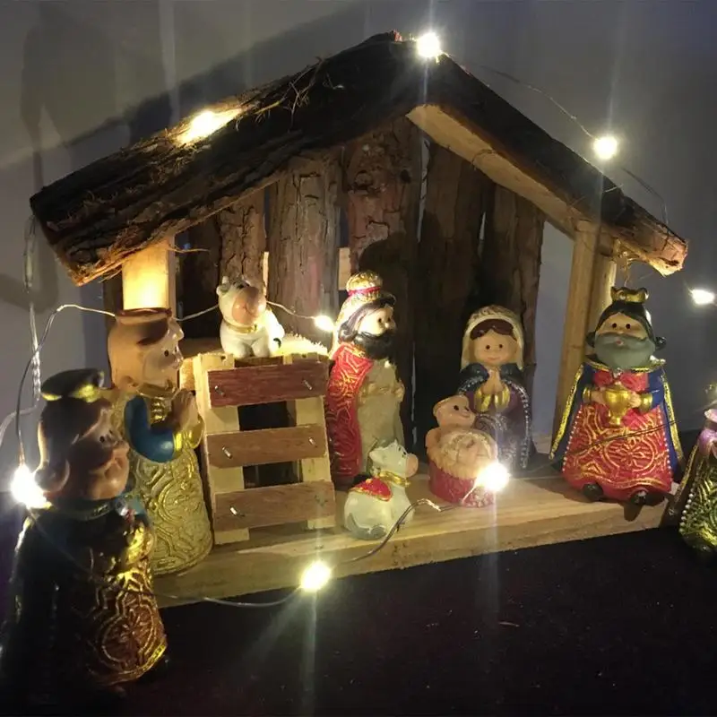 

Cute Carton Christmas Manger Nativity Set Creative Nativity Scene with LED String Lights Sculpted Nativity Figure Decor