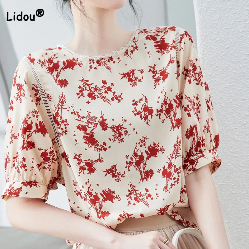 

Summer Clothes Fashion Crew Neck Maple Leaf Print T-shirts with Half Sleeve Casual Hollow Out Splicing Loose Pullover Women Top