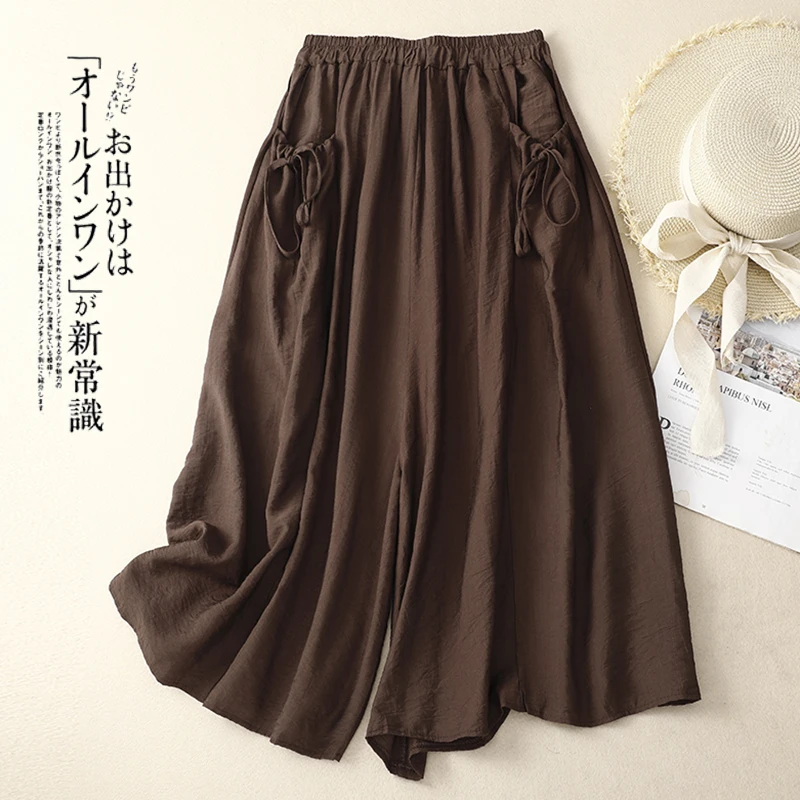 

Брюки Limiguyue женские с широкими штанинами, Свободные повседневные мягкие брюки до щиколотки из хлопка и льна, с карманами и бантом, винтажные, U388