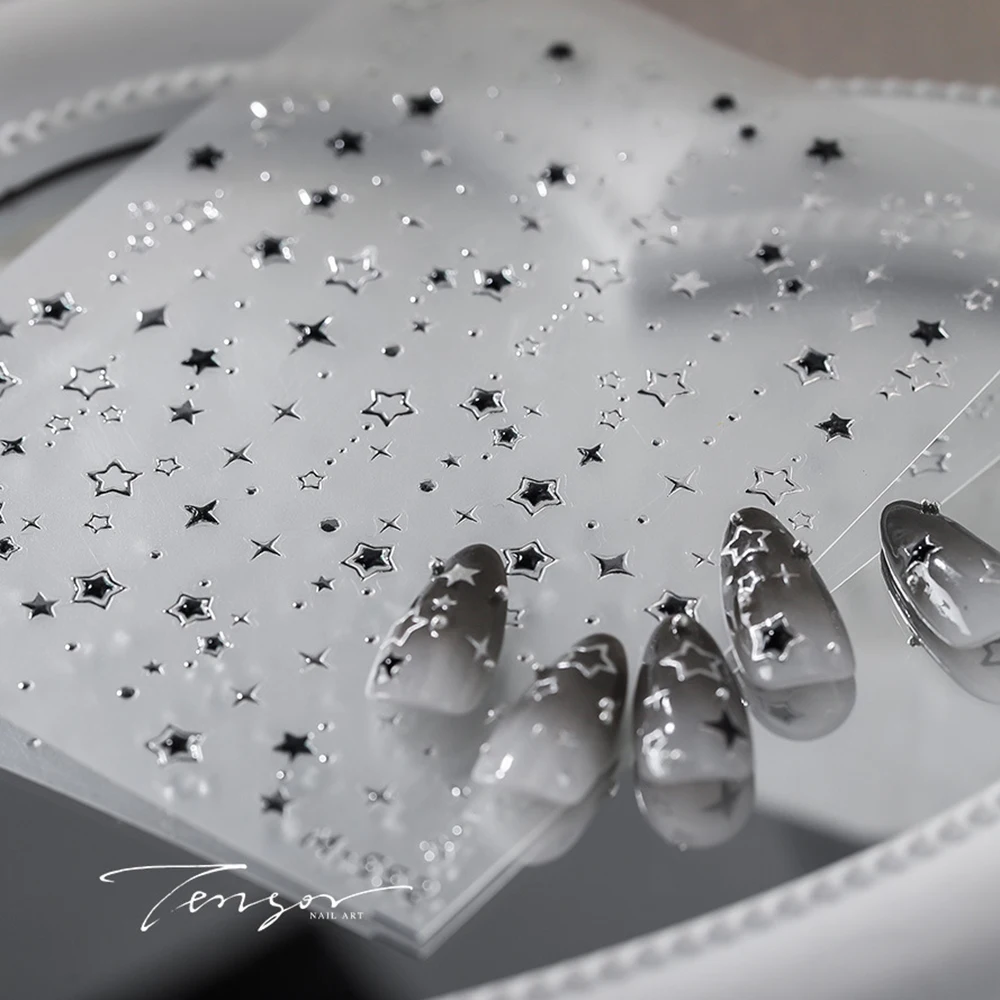 5D Роскошные наклейки для ногтей со звездами дизайна черные Серебряные золотые