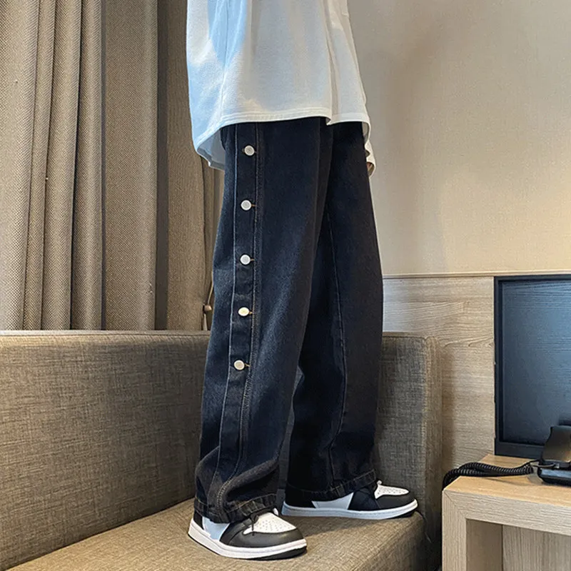 DEEPTOWN Straight Jeans Men Casual Denim Pants Streetwear Trousers Male High Quality Pants with Side Buttons Man Size 5XL Loose