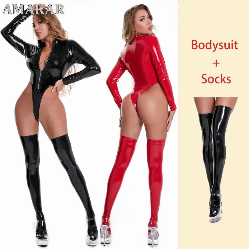 

Sexy Glossy PU Leather Lingerie Leather Bodysuits with Socks Women Wet Look Latex Catsuit Exotic Mistress Costumes Bondage