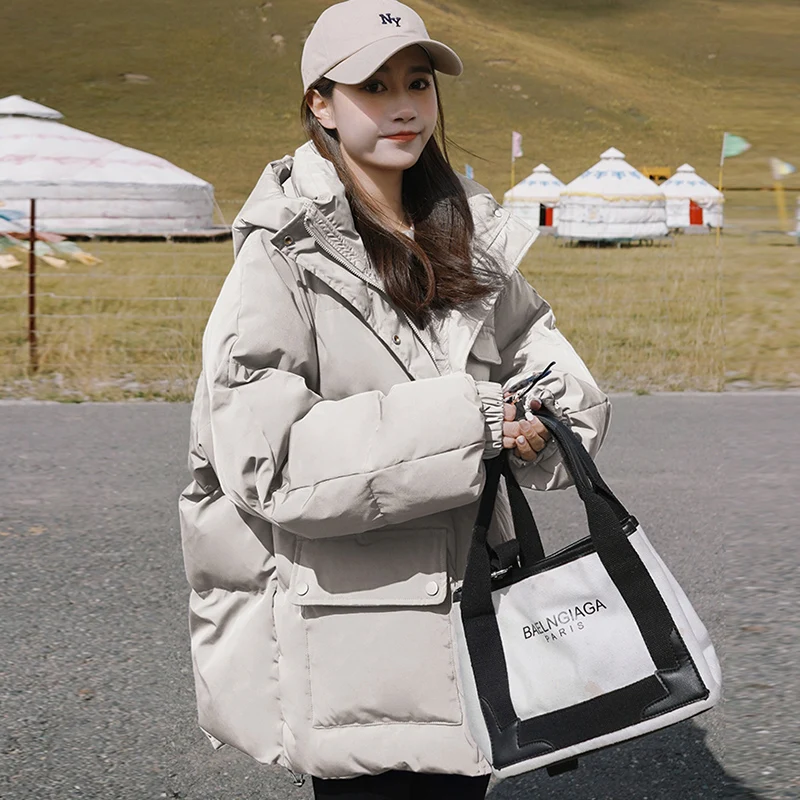 Winter Jacket Sustans Women Parkas 2022 New Snowsuit Fashion Korean Loose Long Sleeves Hooded Coats Large Size Bread Clothes