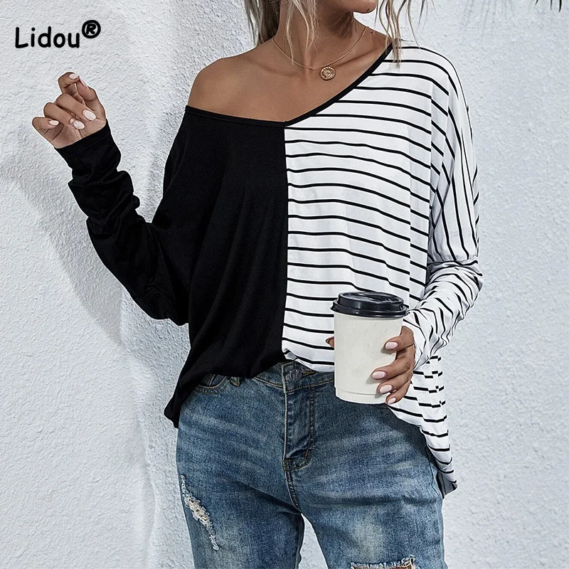 

Fashion Spring Autumn Women Clothing Contrasting Colors Splicing Striped Printed T-Shirt V-Neck Long Sleeve Loose Pullover Tunic