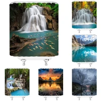 forest waterfall shower curtain nature rainforest green tree spring landscape fish mountain lake polyester bathroom decor fabric