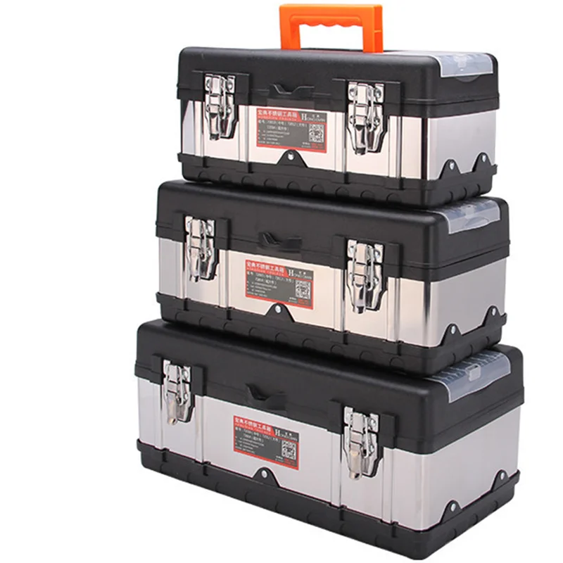 14in/17in/20in Tool Box Double Layer Stainless Steel Tool Box Plastic Portable Organizer with Lid Handle Hardware Tool Case