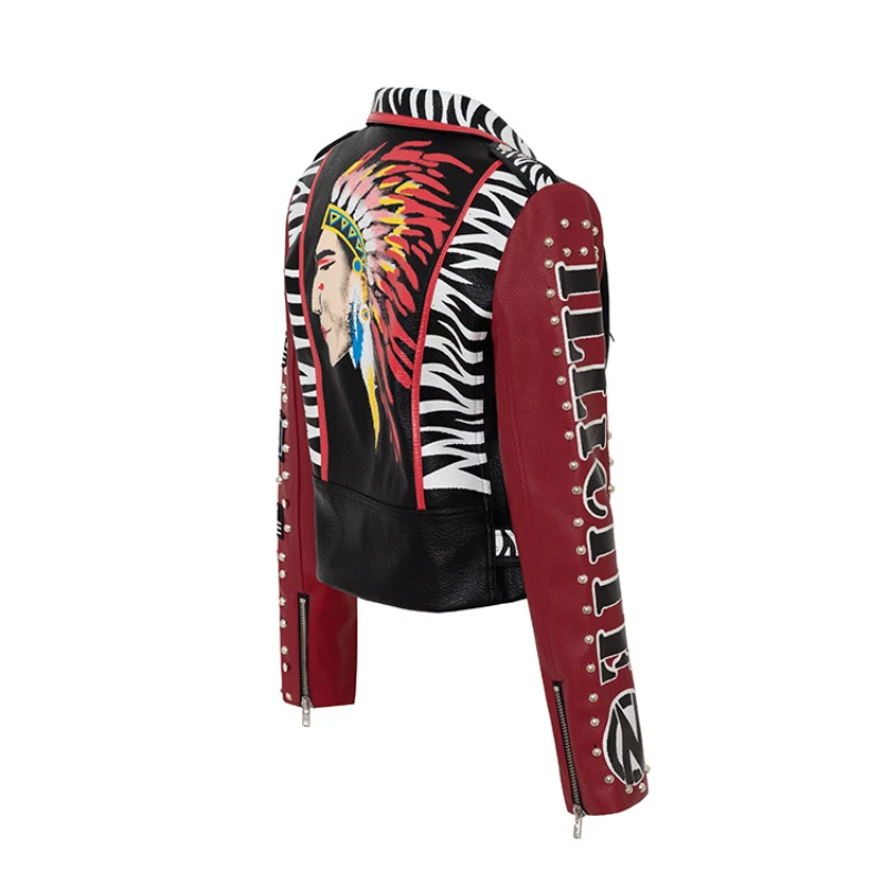 Graffiti Print Motorcycle Leather Jacket Women 2023 Trend Punk Rivets Streetwear Black Red Stitched Faux Leather Cropped Jacket