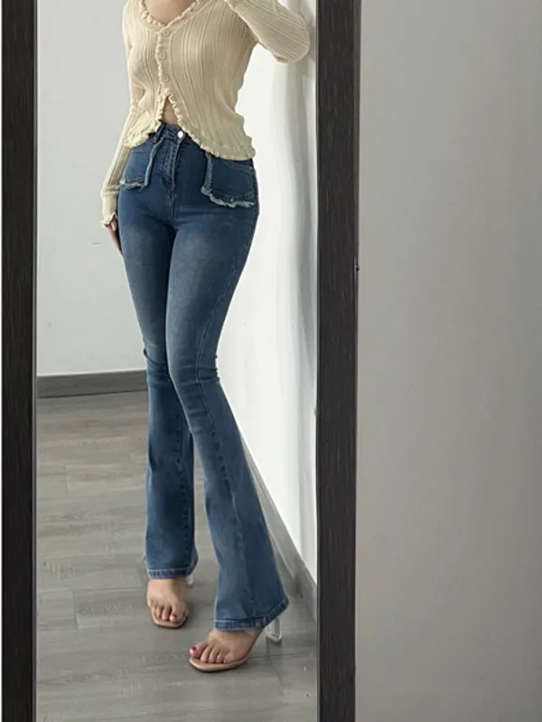 Женские узкие джинсы-клеш темно-синие прямые джинсы с высокой талией и прямыми