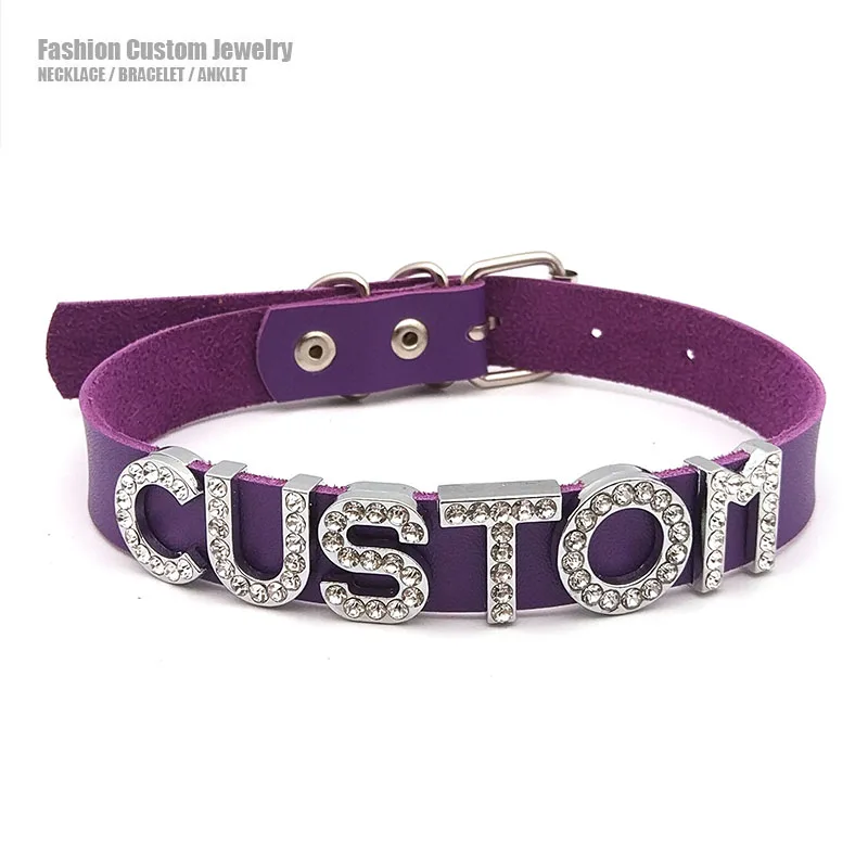 

Sexy Purple Belt Leather Diamante Customized Letters Choker Necklace Cosplay Rave Costume Party Collar Jewelry Necklaces