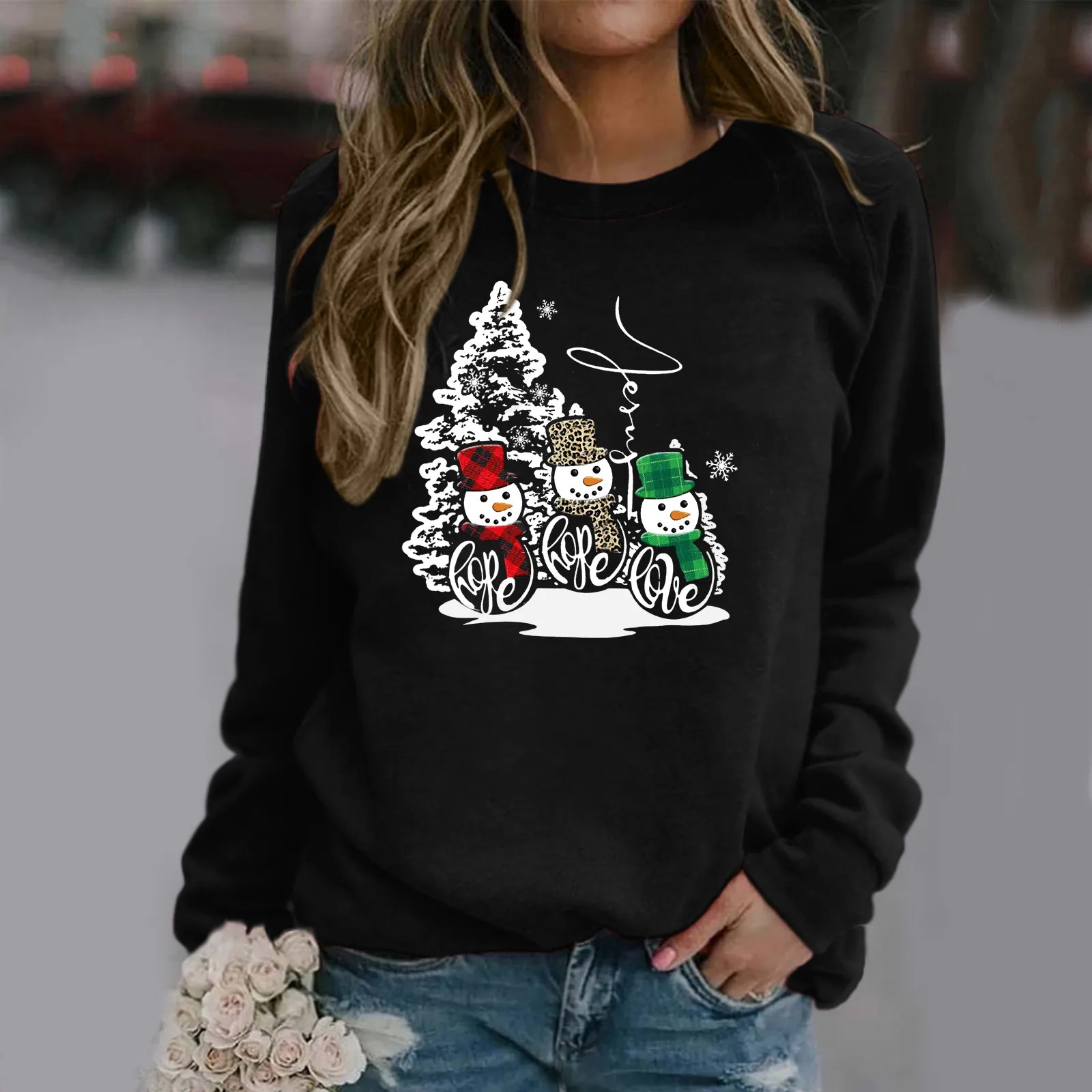 

Women's Fashion Top Shirts Print Long-sleeved Round-neck Stylish Warm Sweatshirt Casual Winter Sweatshirt Women Tunic Sweatshirt