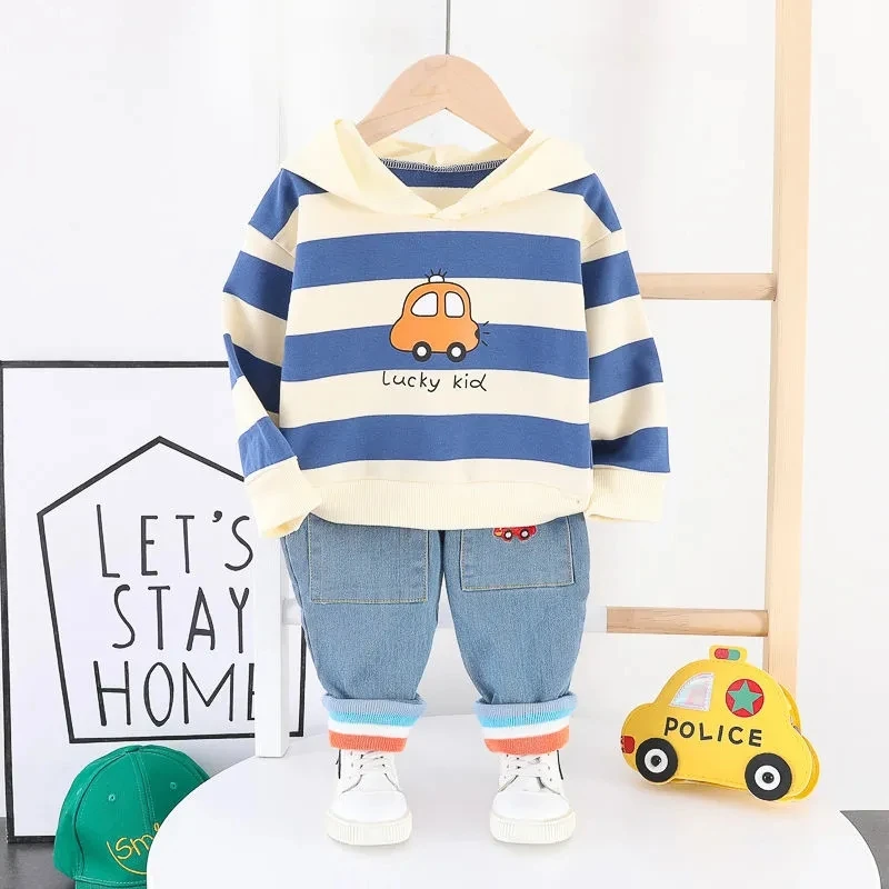 

Infant Baby Boy Clothes 2022 New Spring Autumn Cotton Suit Boy Striped Cartoon Hooded Shirt + Jeans Baby Boy Two-Piece Suit 0-4T