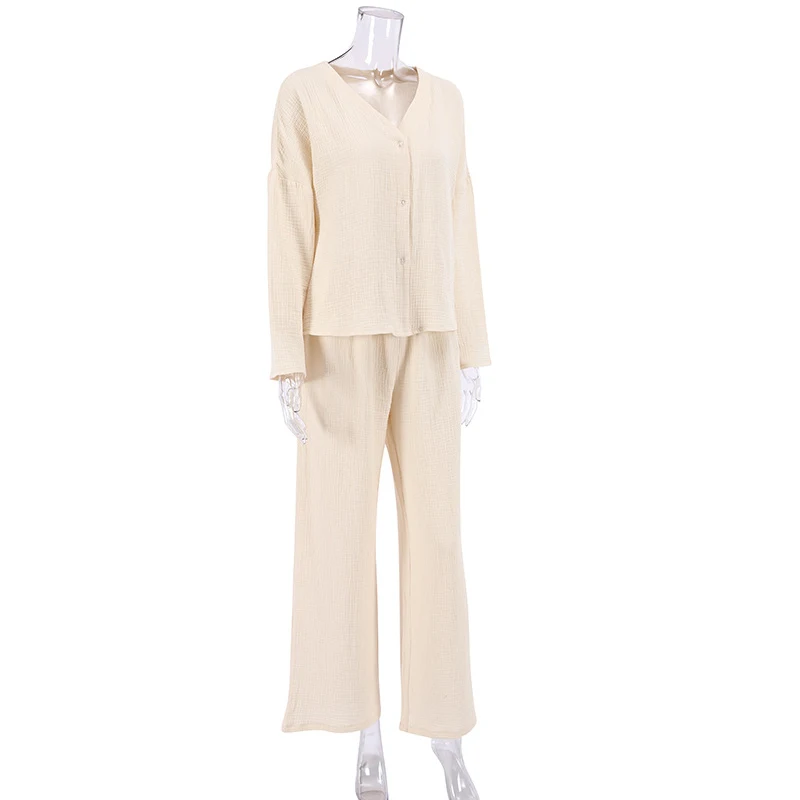 6 Color Cotton Sleepwear V Neck Single Breasted Wide Leg Pants Trouser Suits Long Sleeves Pajama Sets Woman 2 Pieces Loungewear