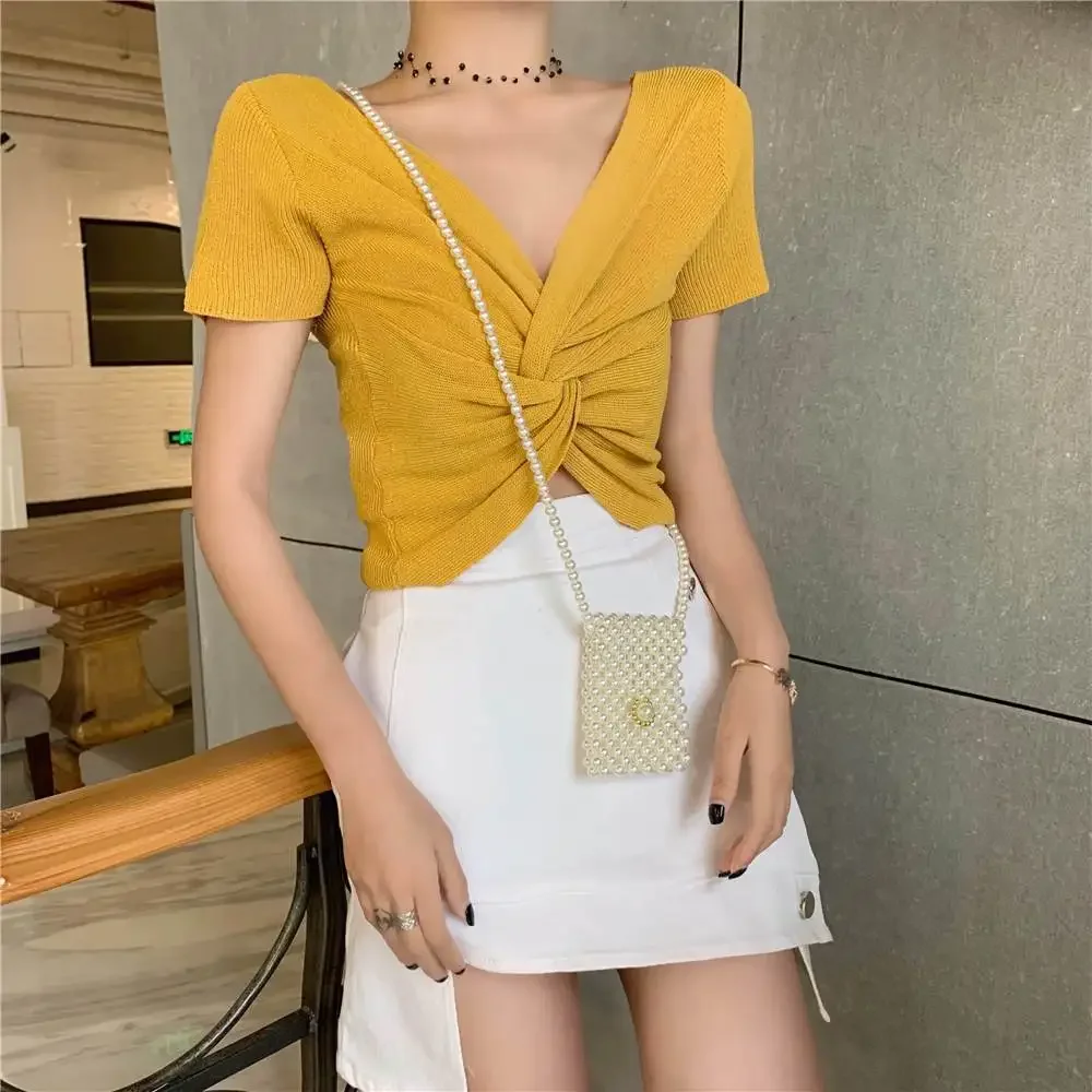 Корейский стиль витой дизайн чувственная трикотажная футболка с v-образным