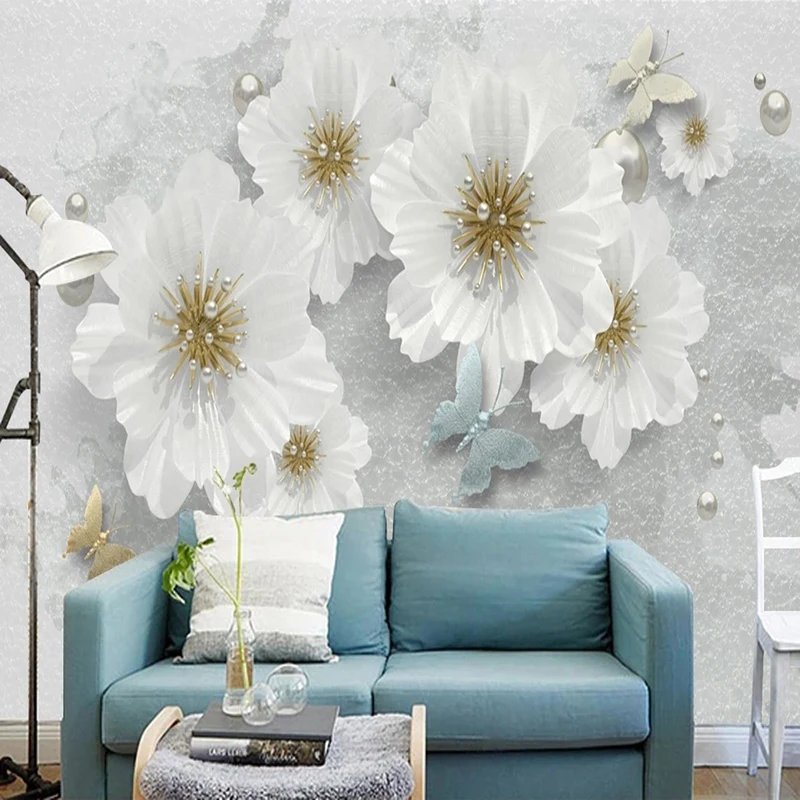

Custom 3D Mural Wallpaper White Jewelry Flower Retro Luxury Wall Paper For Living Room Walls TV Backdrop House Decoration Fresco