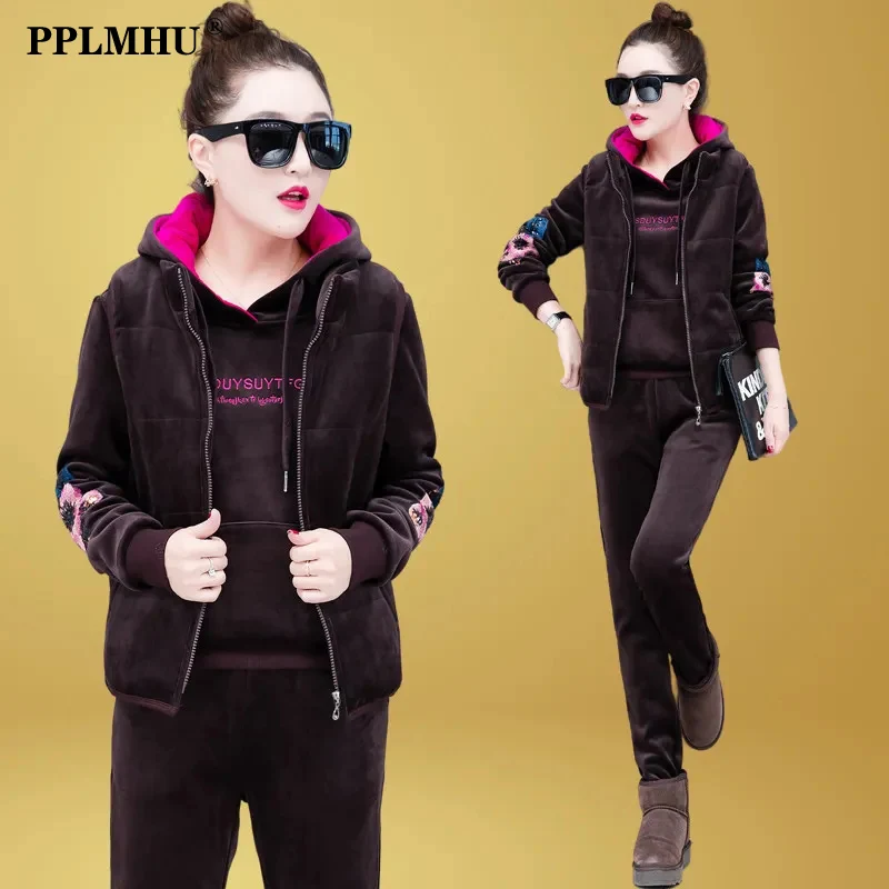

Winter Thick Embroidery Velour Hooded Sweatshirt + Vest Jacket + Pant Suit Women Casual Velvet Tracksuit 3 Piece Set Loungewear