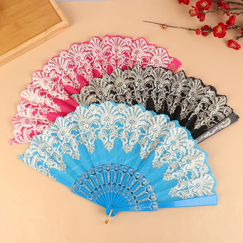 

Wedding Dance Party Luxury Fashion Hot Stamping Fan For Spanish Style Single Flower Folding Hand Held Fan Lace