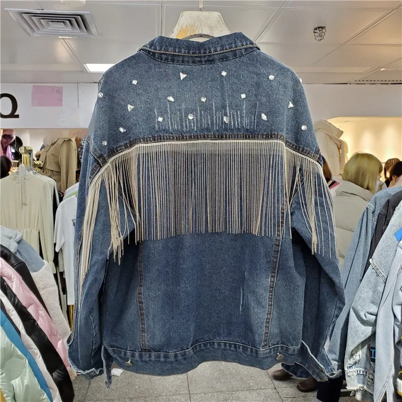 

2022 Spring Fashion Heavy Work Chain Tassel Rhinestones Long Sleeve Blue Short Denim Jacket Women Autumn Casual Jeans Streetwear