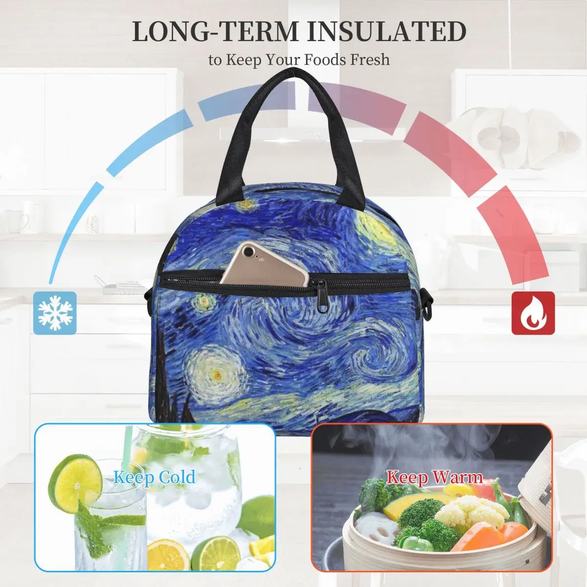 

Classic Starry Night Lunch Bag with Handle Van Gogh Inspired Office Cooler Bag Clutch Meal Cute Thermal Bag