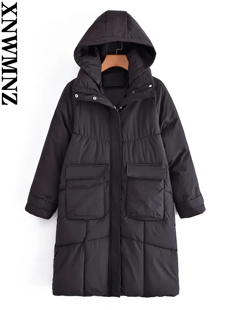 XNWMNZ 2022 Women Fashion Hooded Long Cotton Clothes Woman Retro Pocket Oversize Jackets Winter Coat Female Chic Outwear