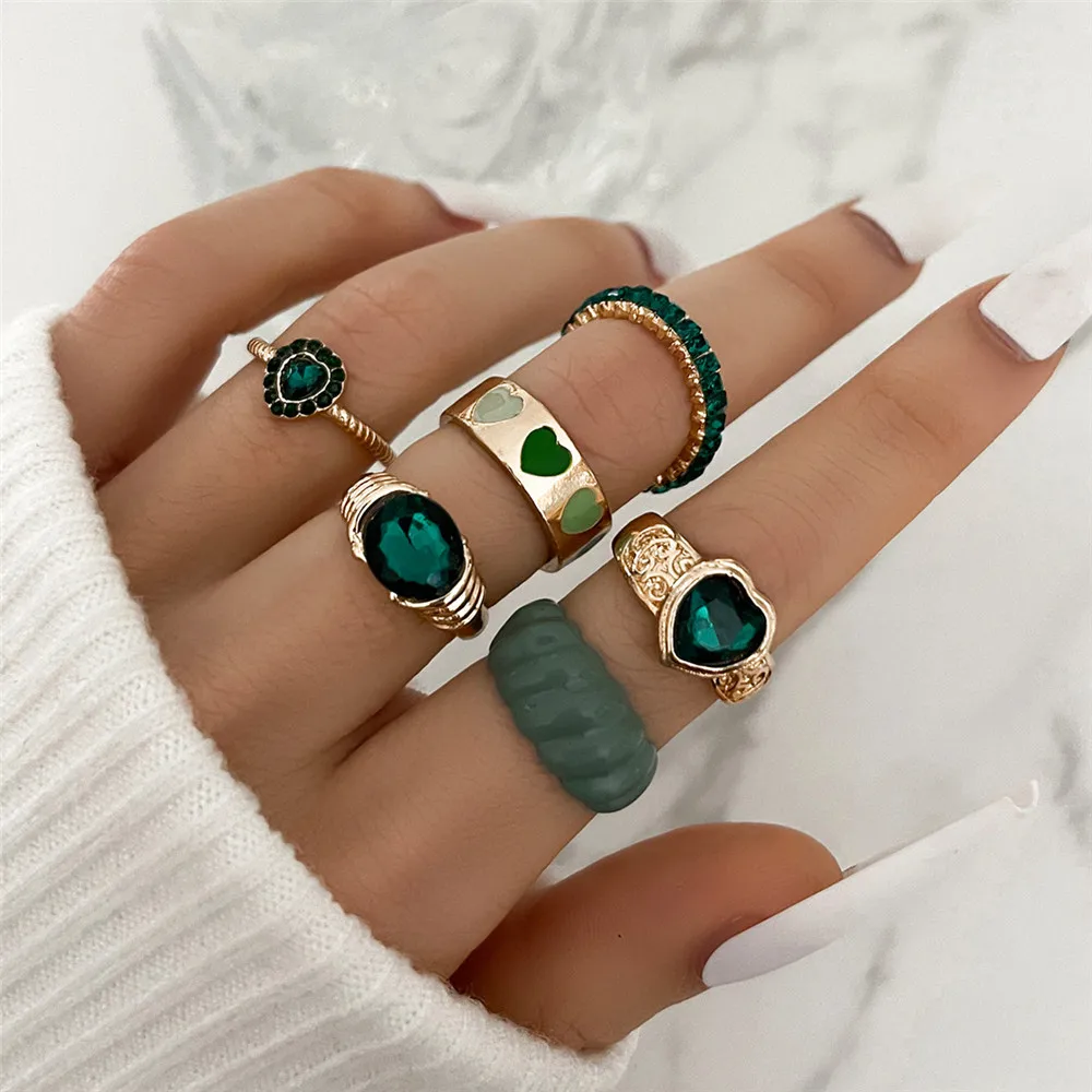 

6pcs/set fashion contracted hearts love personality green ring Paint Coating INS Style Charms Ring Fashion Jewelry