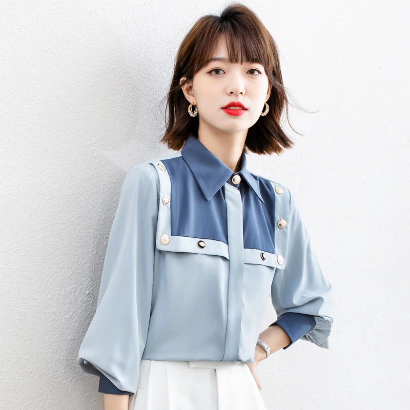 

Шифоновая рубашка для женщин, Новинка лета 2023, французские блузки в стиле пэчворк, приталенный Модный Топ с длинным рукавом и отложным ворот...