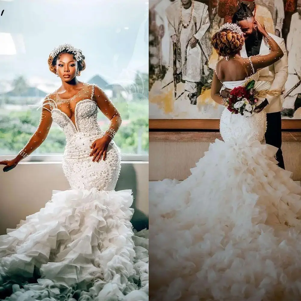 

Luxious See Through Pearls Long Sleeves Mermaid Wedding Dresses Heavy Pearls Crystals Bridal Gowns with Cascading Ruffles
