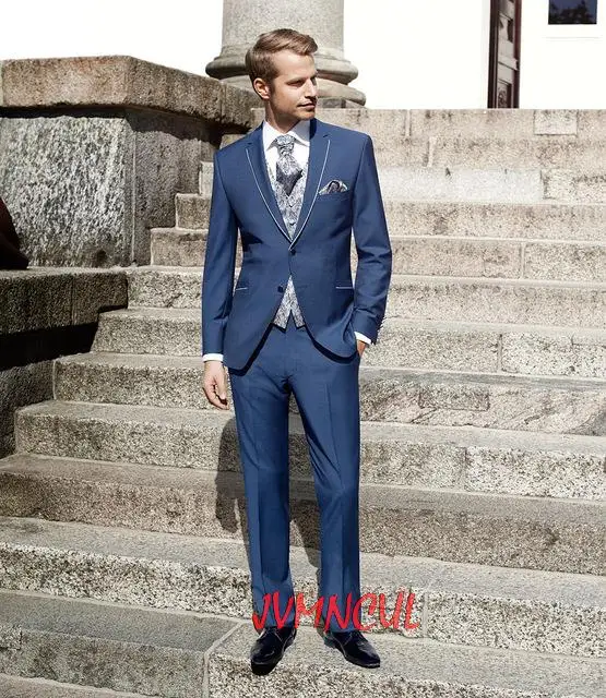 

Latest Design Blue Wedding Suits For Men Notched Lapel 2Pieces(Jacket+Pant+Tie) Groom Prom Masculino Trajes De Hombre Blazer