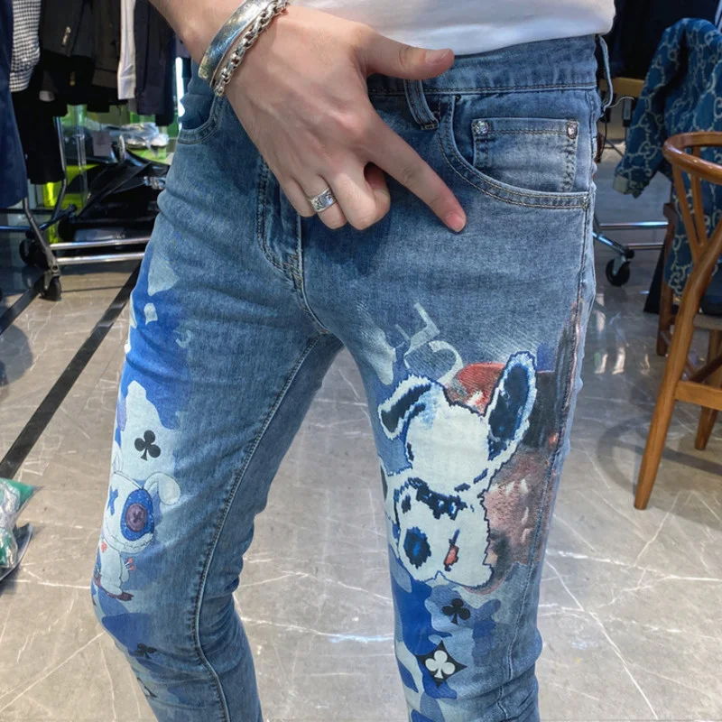 

Spring New Print Leggings Slim Fit Jeans Men's Fashion Korean High Quality Trend Printed Pants Erkek Jean Pantolon Hombre